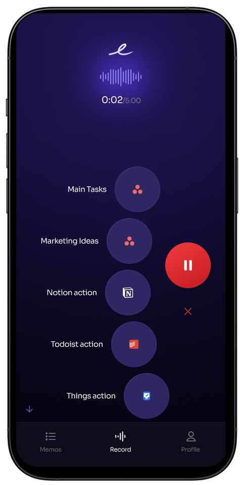 A user capturing a voice note in the Epiphany app before sending it to Asana