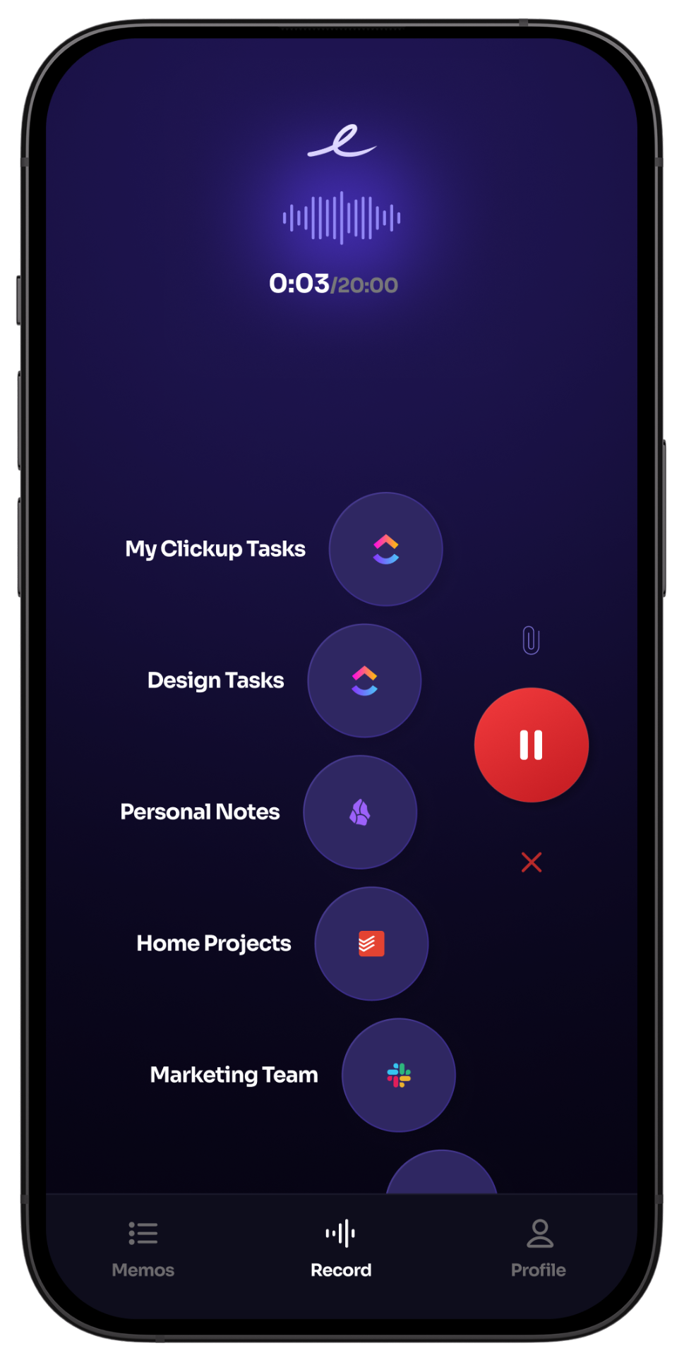 Epiphany app recording screen showing ClickUp task actions