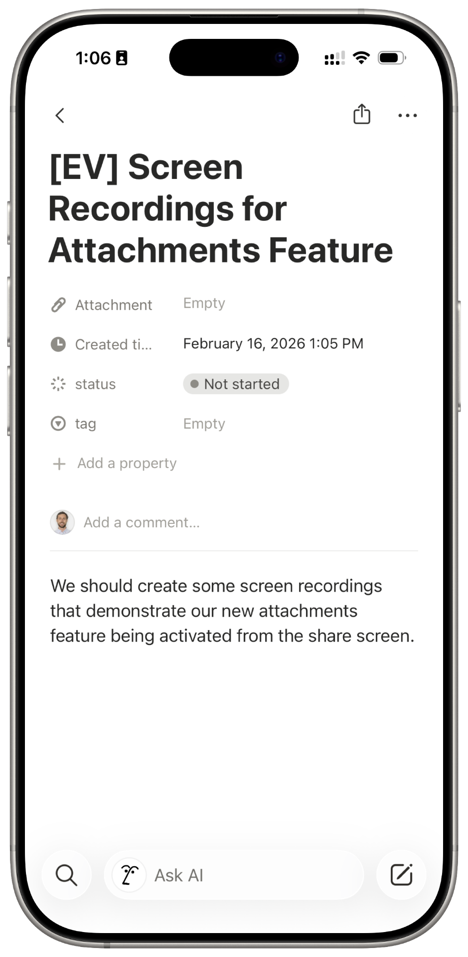 Notion page with content created from Epiphany voice recording