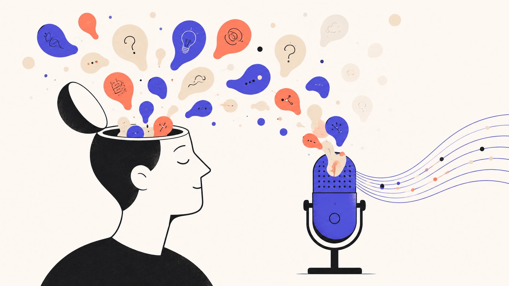 Illustration of a person with their head open and colorful thought bubbles streaming out into a microphone