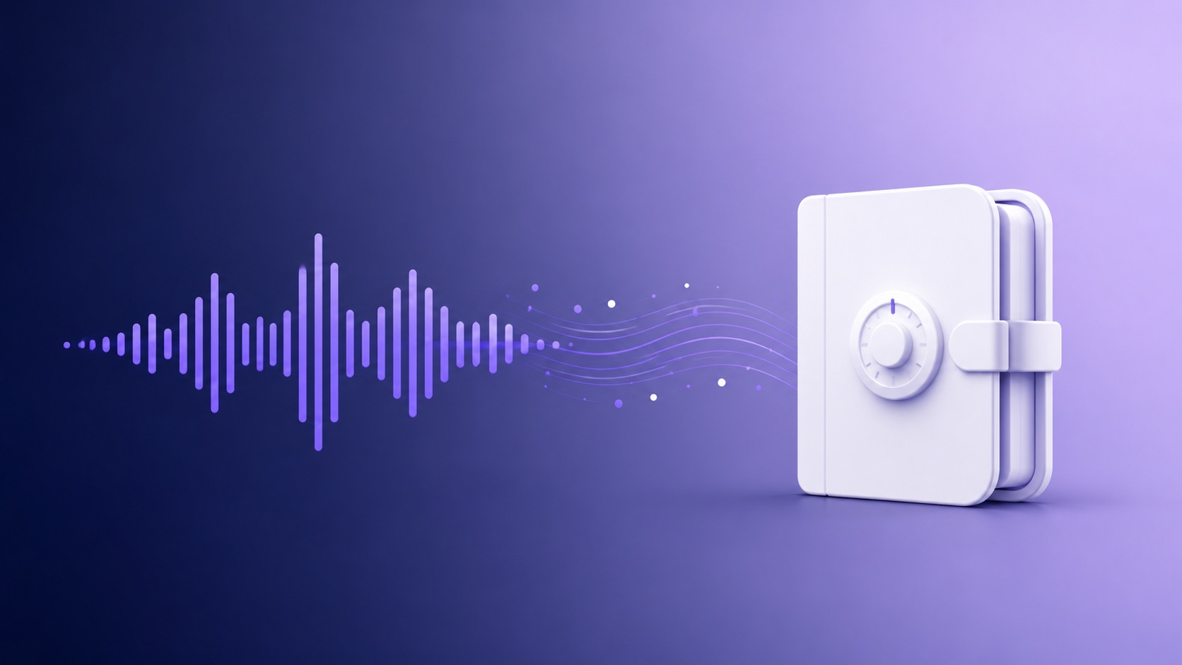 Voice waveforms flowing into an Obsidian vault icon, illustrating fast voice capture to Obsidian on iPhone